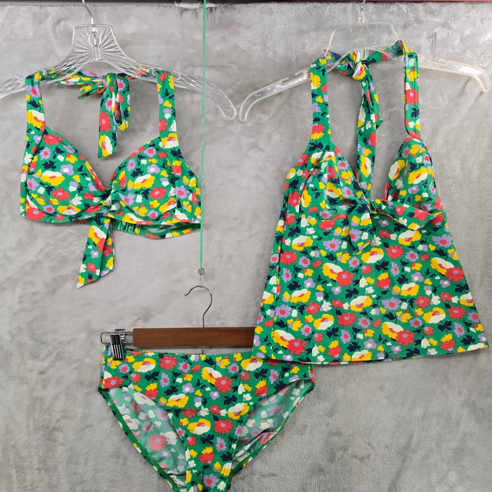 Boden Womens US 6 3pc Swimsuit Set Green Floral Tankini Bikini Bottoms